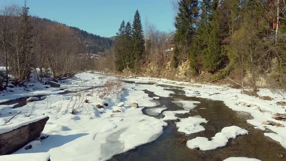 Drone View of Mountain River in Winter