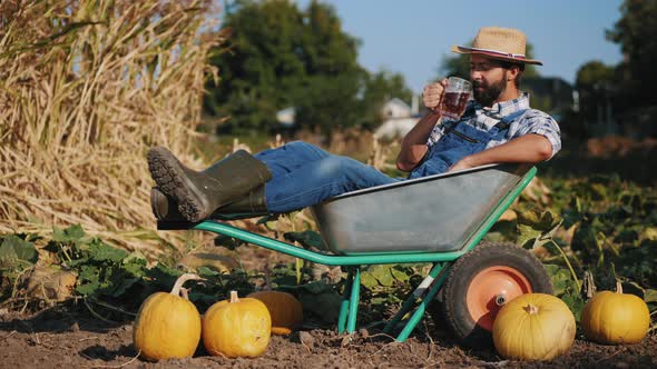 Farmer Lying in a Wheelbarrow Resting and Drink Beer