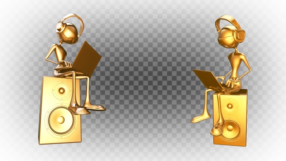 Gold Man 3D Character - Cartoon Dj  with Laptop  (2 Pack)