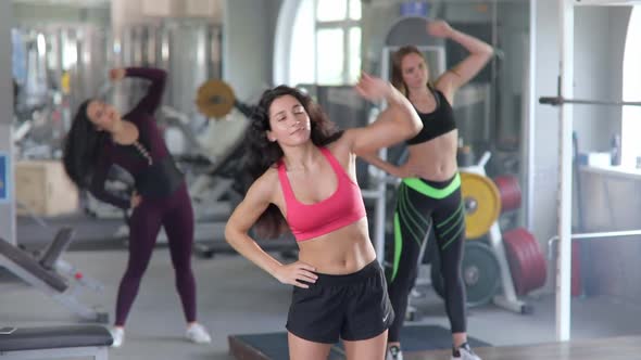 A Group of Athletic Women Warm Up and Stretch in the Gym. Concept of Bodybuilding, Workout, Sport