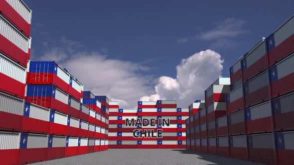 Many Cargo Containers with MADE IN CHILE Text and Flags