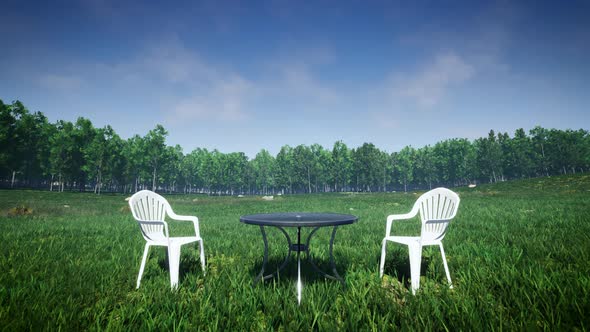 Round Table And Chairs On The Grass Field Garden 4K 01
