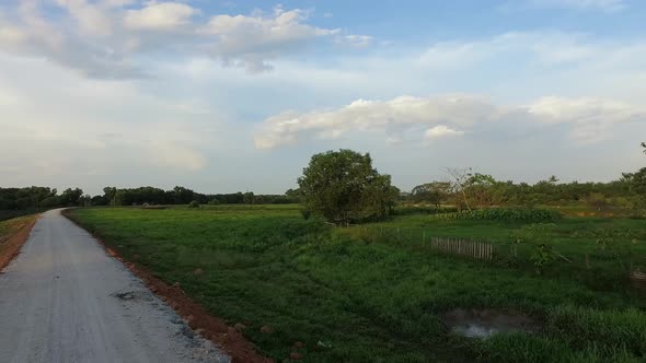 The rural area of a small village at Malaysia with green field and a river