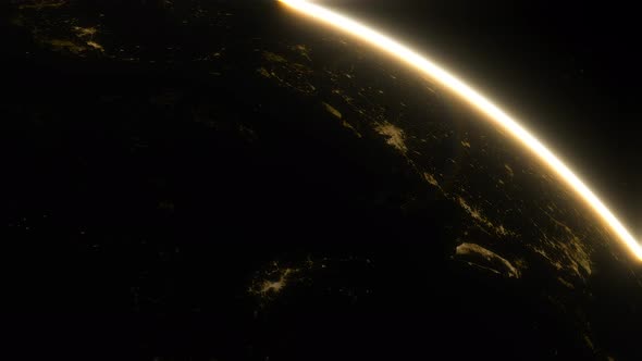 Spaceship Flies Over the Night Side of the Planet Earth alt