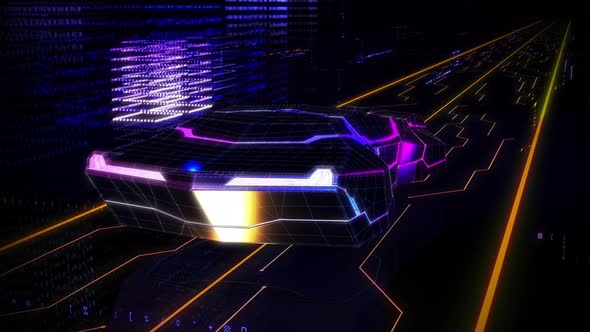 Futuristic Sci-fi cyber automobile is passing through the virtual reality city