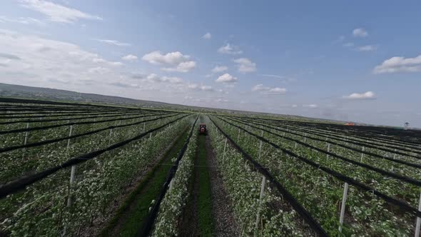 Aerial Towards Extreme Close View Industrial Agrimotor Spraying Poison