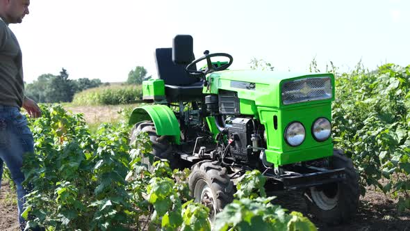A Farmer Inspects His Tractor in the Middle of a Vineyard
