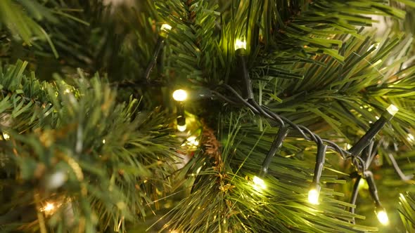 Close-up of shiny fairy-lights on garland 1920X1080 HD footage -  Christmas tree  with string LED sl