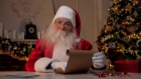 Santa Claus Reading Letter with List of Gifts for Christmas Holidays and Thinks