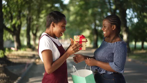 Side View Surprised Excited African American Woman Hugging Friend Receiving Present in Summer Park