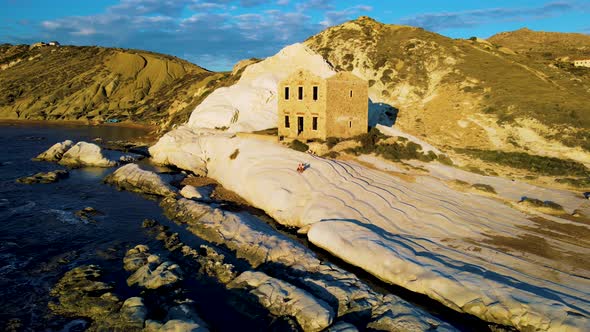 Punta Bianca Agrigento in Sicily Italy White Beach with Old Ruins of an Abandoned Stone House on