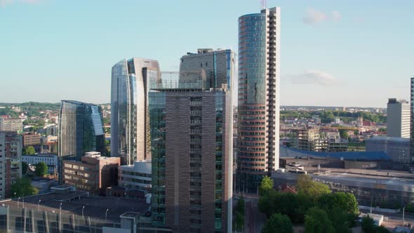 flight between modern buildings, energy saving, european skyscrapers