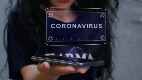 Woman Showing HUD Hologram Coronavirus