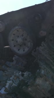 Vertical Video of a Destroyed Military Hardware in Bucha Ukraine