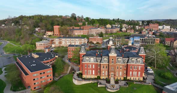 Woodburn Hall and West Virginia University downtown campus buildings. WVU college life establishing