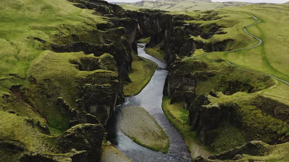 Drone Over Fjaora River And Fjaorargljufur Canyon