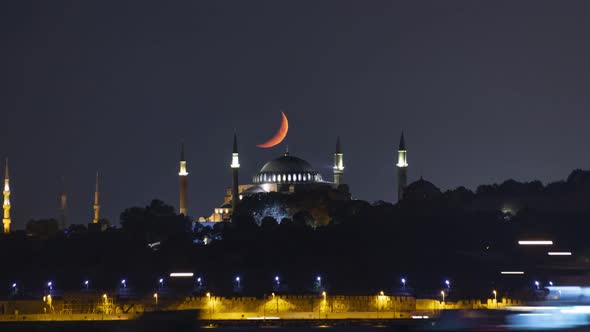 moonset timelapse of Hagia Sophia Church in Istanbul, Turkey