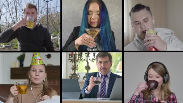 Multiscreen of Six Cheerful Caucasian People Celebrating CEO's Birthday Remotely