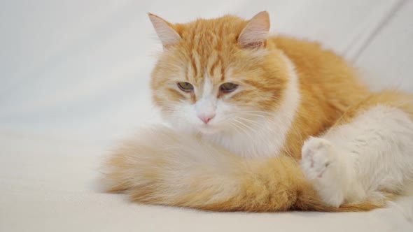a Red Cat with a Fluffy Tail Turns Its Head and Looks Embarrassedly Into the Camera on a Light
