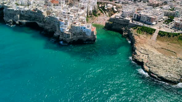 Aerial View of Lama Monachile Beach in Italian City of Polignano a Mare