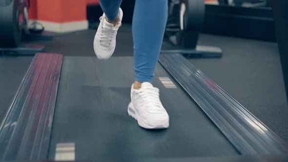 Close View Woman Legs in White Sneakers on Modern Treadmill
