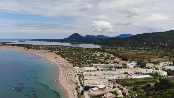 Aerial footage of the beautiful small town known as St George South, Greek city of Corfu Greece,