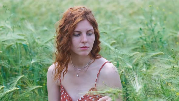 Portrait of Attractive Female on Grass at Sunset