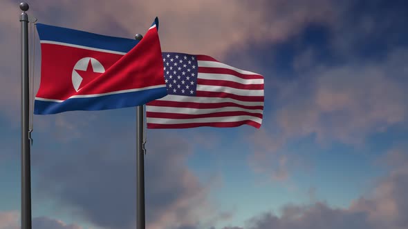 North Korea Flag Waving Along With The National Flag Of The USA - 4K