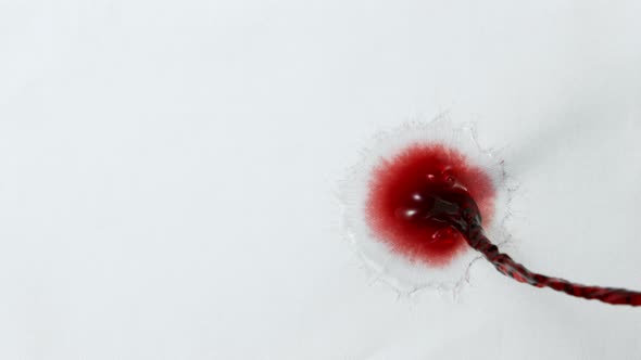 Super Slow Motion Top Shot of Splashing Red Wine on White Cloth at 1000Fps