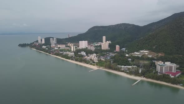 Aerial the sandy beach at Batu Ferringhi. L