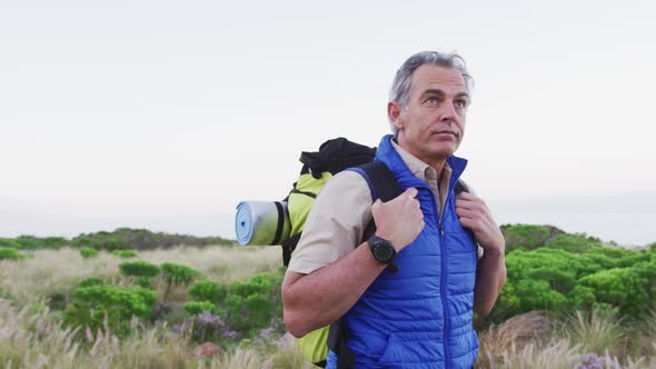 Senior hiker man with backpack walking and touching wild grass on the grass field in the mountains. 