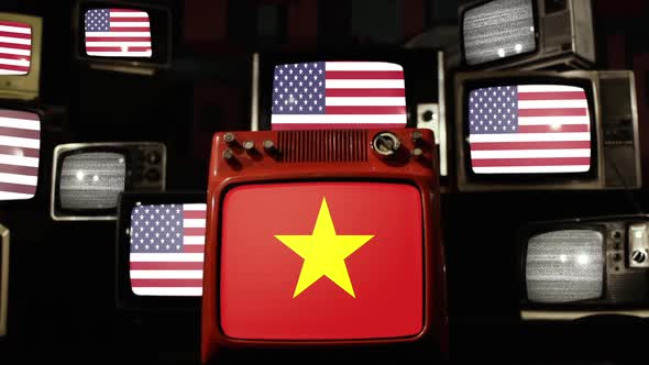 Flag of Vietnam and US Flags on Retro TVs.