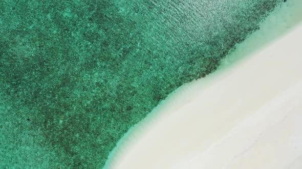 Aerial drone abstract of exotic coast beach journey by aqua blue sea with white sandy background of 