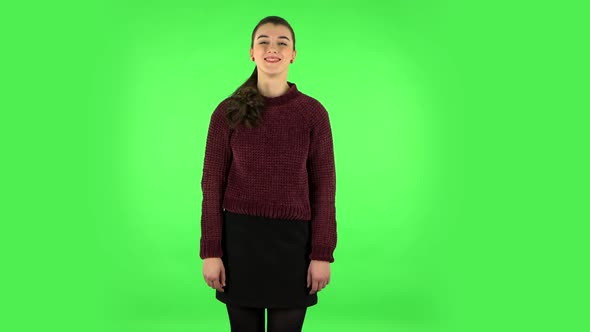 Lovely Girl Smiles Seductively and Winks. Green Screen