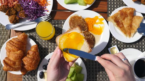 Good Morning And Breakfast Concept. Toast With Jam, Croissants And Orange Juice.