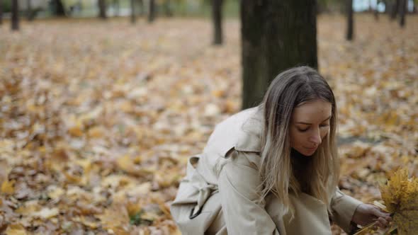 A Woman Collects Fallen Yellow Leaves in the Autumn Park Slow Motion