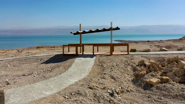 Israel, Deadsea, fly under observation spot, salt sea, shot with Drone