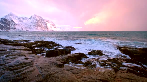 Norwegian Sea Waves on Rocky Coast of Lofoten Islands, Norway