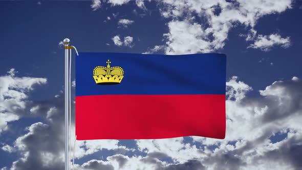 Flag Of Liechtenstein Waving With Blue Sky