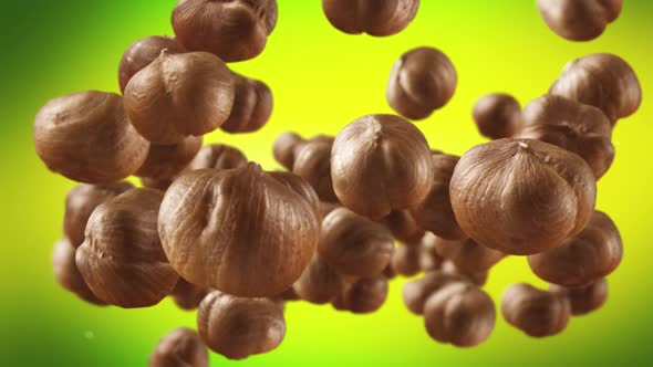 Flying of Hazelnuts in Lime Green Background
