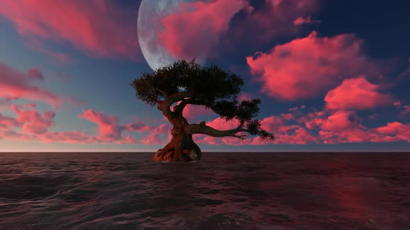 Trees grow in the middle of the sea at night on the full moon