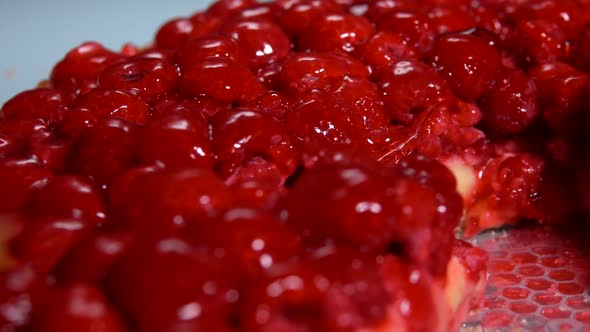 Closeup of a Delicious Fresh Raspberry Pie Taken From the White Plate