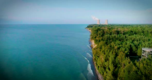 Aerial Drone Footage of the Lake Erie Coastline and Beach.