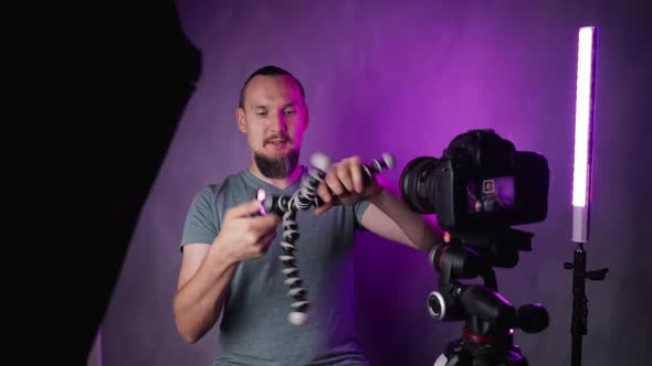 Bearded Man Vlogger Talking in Front of Camera