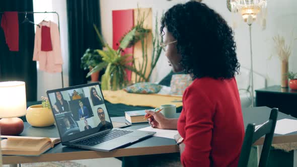 Online Learning, Distance Eductaion, Remote Studying Concept. African Woman Is Talking To Multiple