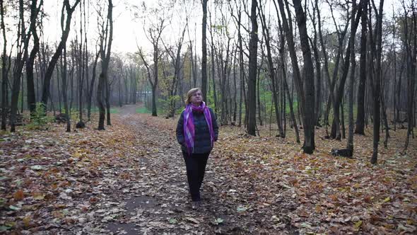 Senior Woman with Short Hair and Glasses on Her Eyes Walking in Autumn Woods