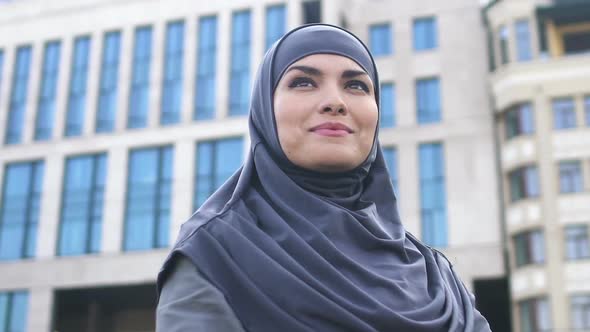 Muslim Woman Standing Near University Building, Higher Education Opportunity