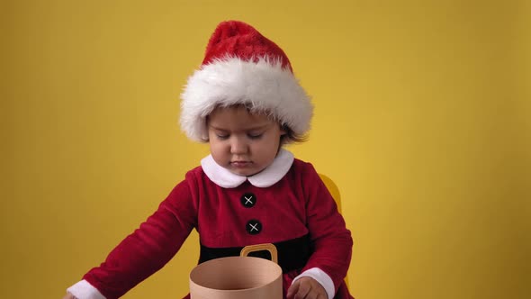 Happy Cheerful Chubby Toddler Baby Girl in Santa Suit Looking On Camera At Yellow Background