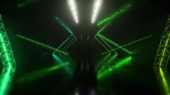 Abstract Neon Background Flying Forward Through the Corridor Glowing Green Blue Lines Appear