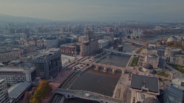 Aerial view of the cityscape of Skopje, the capital city in North Macedonia